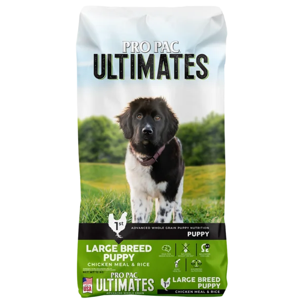 a green bag of Ultimates Large Breed Puppy